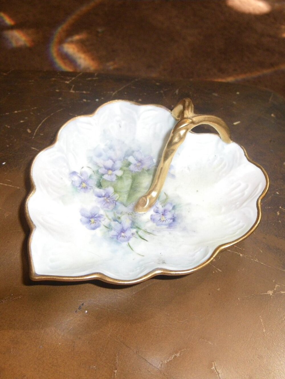 Vintage Small Ceramic Baroque Style Leaf Shaped Dish w/ Handle